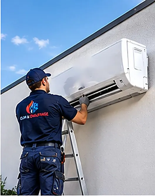 Technicien posant un climatiseur mural
