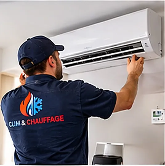 Technicien réalisant l'entretien d'un climatiseur mural