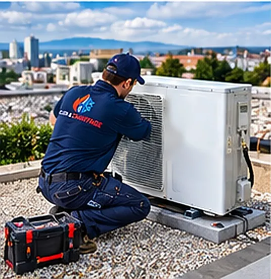 Technicien intervenant sur un groupe extérieur en toiture-terrasse