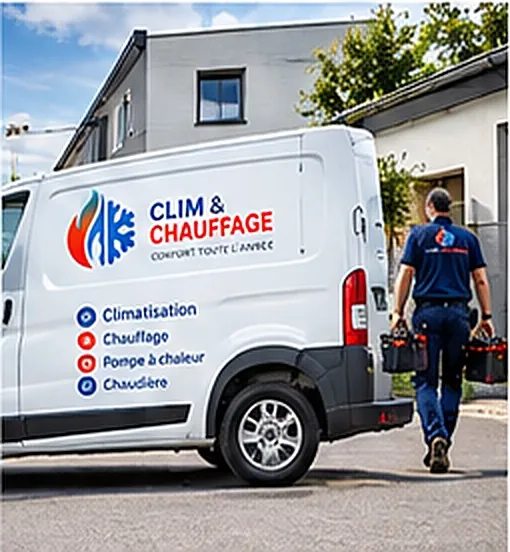 Camionnette Clim & Chauffage garée devant une maison, technicien en route