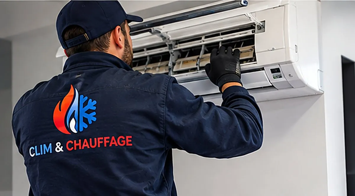 Technicien Clim & Chauffage intervenant sur un climatiseur mural