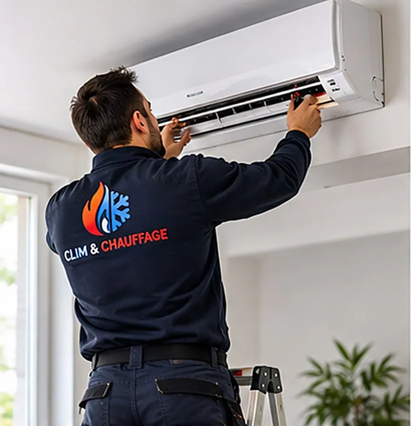 Technicien posant un climatiseur mural réversible